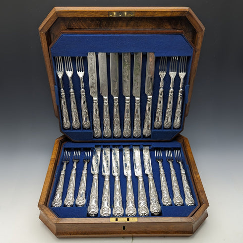 1864 年英國古董純銀甜點餐具 12 對套裝總計 912 克木盒裝 Harrison Brothers & Howson